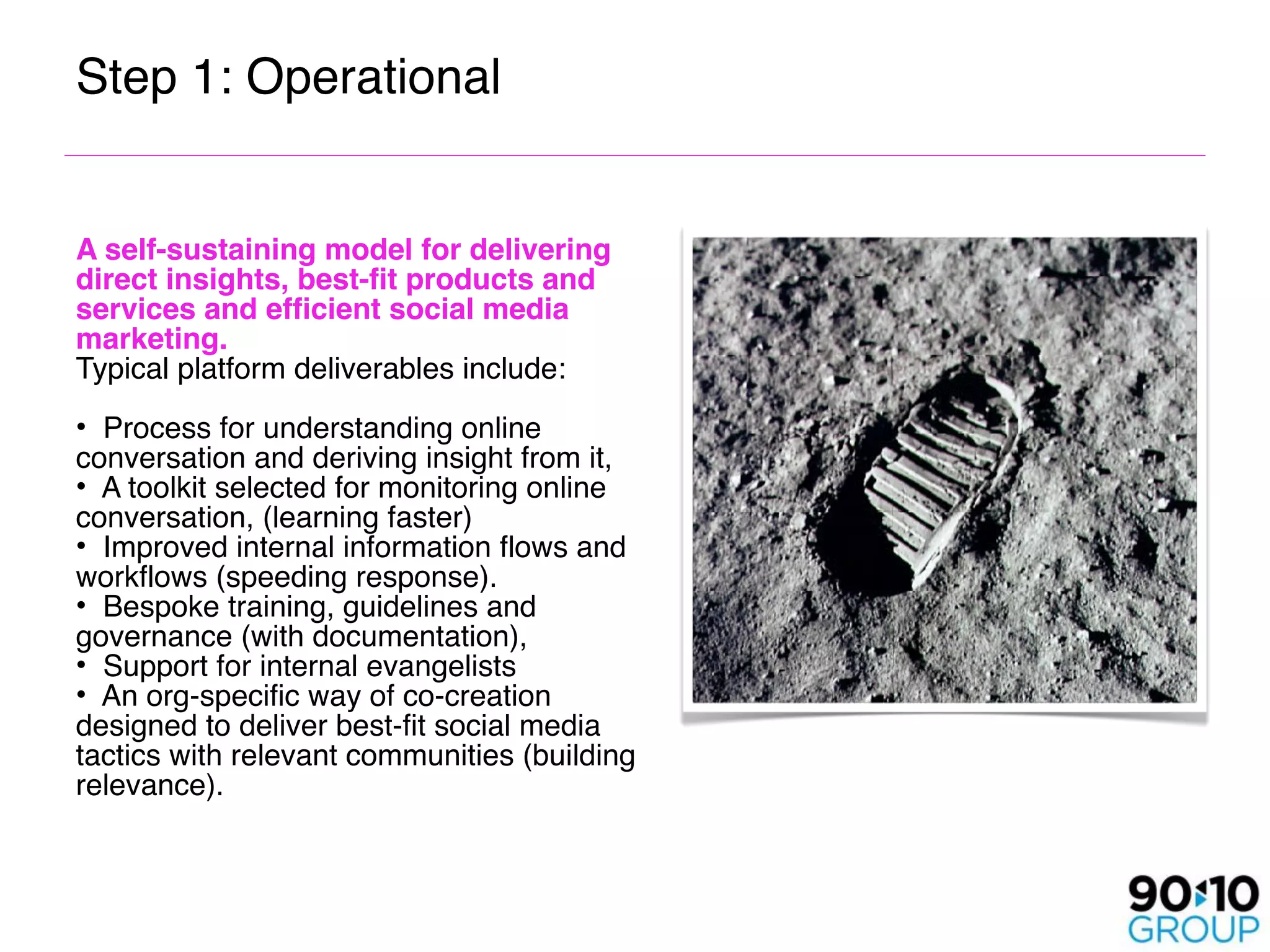 Step 1: Operational


A self-sustaining model for delivering
direct insights, best-fit products and
services and efficient social media
marketing.
Typical platform deliverables include: 

• Process for understanding online
conversation and deriving insight from it,
• A toolkit selected for monitoring online
conversation, (learning faster)
• Improved internal information flows and
workflows (speeding response).
• Bespoke training, guidelines and
governance (with documentation),
• Support for internal evangelists
• An org-specific way of co-creation
designed to deliver best-fit social media
tactics with relevant communities (building
relevance).
 