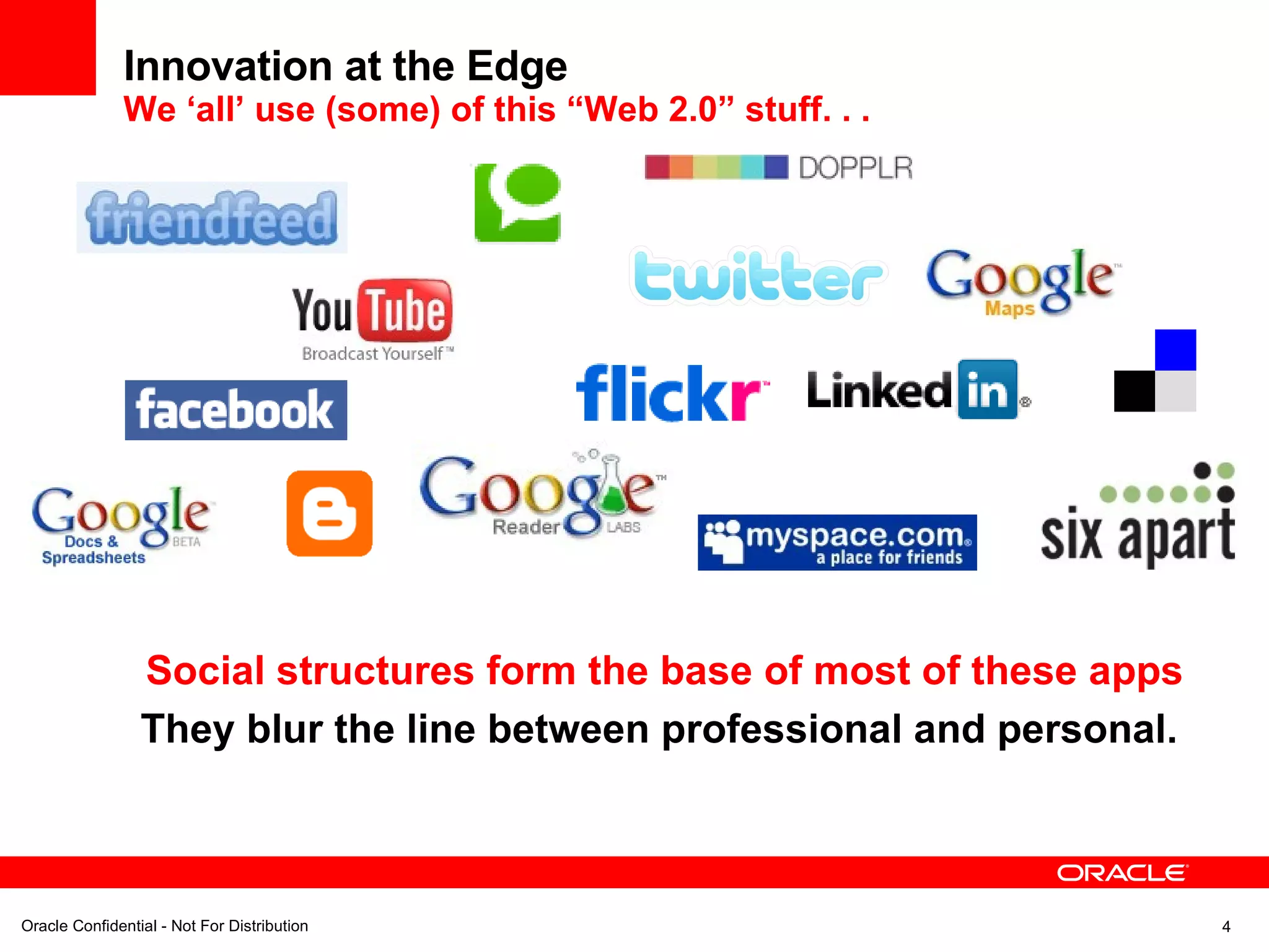 Innovation at the Edge We ‘all’ use (some) of this “Web 2.0” stuff. . . Social structures form the base of most of these apps They blur the line between professional and personal. 