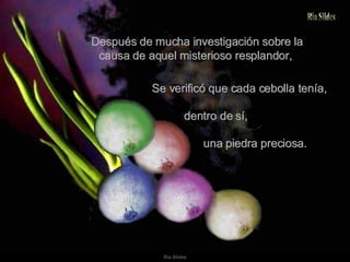 Después de mucha investigación sobre la causa de aquel misterioso resplandor,  Se verificó que cada cebolla tenía,  dentro de sí,  una piedra preciosa.  
