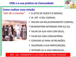 CEBs e a sua prática na Comunidade

Como realizar essa missão
“sair de si mesmo”  O JEITO DE FAZER É O MESMO;
                     IR ATÉ O SEU VIZINHO;
                     INICIAR UM RELACIONAMENTO CORDIAL;
                    DEMONSTRAR INTERESSE POR ELE (A);
                     FALAR DA SUA VIDA COM DEUS;
                     FALAR DA VIDA COMUNITÁRIA;
                     CONVIDÁ-LO PARA AS REUNIÕES;
                     VALORIZAR A SUA PARTICIPAÇÃO;
                     INTEGRÁ-LO A VIDA PAROQUIAL.
     SER: SAL, FERMENTO E LUZ PARA AS OUTRAS PESSOAS     vjs2012
 