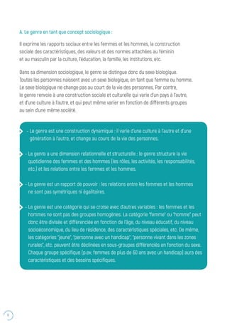 12
A. Le genre en tant que concept sociologique :
Il exprime les rapports sociaux entre les femmes et les hommes, la construction
sociale des caractéristiques, des valeurs et des normes attachées au féminin
et au masculin par la culture, l’éducation, la famille, les institutions, etc.
Dans sa dimension sociologique, le genre se distingue donc du sexe biologique.
Toutes les personnes naissent avec un sexe biologique, en tant que femme ou homme.
Le sexe biologique ne change pas au court de la vie des personnes. Par contre,
le genre renvoie à une construction sociale et culturelle qui varie d’un pays à l’autre,
et d’une culture à l’autre, et qui peut même varier en fonction de différents groupes
au sein d’une même société.
- Le genre est une construction dynamique : il varie d’une culture à l’autre et d’une
génération à l’autre, et change au cours de la vie des personnes.
- Le genre a une dimension relationnelle et structurelle : le genre structure la vie
quotidienne des femmes et des hommes (les rôles, les activités, les responsabilités,
etc.) et les relations entre les femmes et les hommes.
- Le genre est un rapport de pouvoir : les relations entre les femmes et les hommes
ne sont pas symétriques ni égalitaires.
- Le genre est une catégorie qui se croise avec d’autres variables : les femmes et les
hommes ne sont pas des groupes homogènes. La catégorie “femme” ou “homme” peut
donc être divisée et différenciée en fonction de l’âge, du niveau éducatif, du niveau
socioéconomique, du lieu de résidence, des caractéristiques spéciales, etc. De même,
les catégories “jeune”, “personne avec un handicap”, “personne vivant dans les zones
rurales”, etc. peuvent être déclinées en sous-groupes différenciés en fonction du sexe.
Chaque groupe spécifique (p.ex: femmes de plus de 60 ans avec un handicap) aura des
caractéristiques et des besoins spécifiques.
 