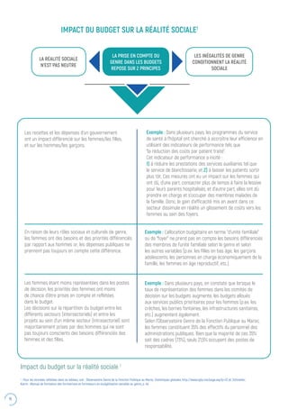 16
Impact du budget sur la réalité sociale 1
LA RÉALITÉ SOCIALE
N’EST PAS NEUTRE
Les recettes et les dépenses d’un gouvernement
ont un impact différencié sur les femmes/les filles,
et sur les hommes/les garçons.
En raison de leurs rôles sociaux et culturels de genre,
les femmes ont des besoins et des priorités différenciés
par rapport aux hommes or, les dépenses publiques ne
prennent pas toujours en compte cette différence.
Les femmes étant moins représentées dans les postes
de décision, les priorités des femmes ont moins
de chance d’être prises en compte et reflétées
dans le budget.
Les décisions sur la répartition du budget entre les
différents secteurs (intersectoriels) et entre les
projets au sein d’un même secteur (intrasectoriel) sont
majoritairement prises par des hommes qui ne sont
pas toujours conscients des besoins différenciés des
femmes et des filles.
Exemple : Dans plusieurs pays, les programmes du service
de santé à l’hôpital ont cherché à accroître leur efficience en
utilisant des indicateurs de performance tels que
“la réduction des coûts par patient traité”.
Cet indicateur de performance a incité :
1) à réduire les prestations des services auxiliaires tel que
le service de blanchisserie, et 2) à laisser les patients sortir
plus tôt. Ces mesures ont eu un impact sur les femmes qui
ont dû, d’une part, consacrer plus de temps à faire la lessive
pour leurs parents hospitalisés, et d’autre part, elles ont dû
prendre en charge et s’occuper des membres malades de
la famille. Donc, le gain d’efficacité mis en avant dans ce
secteur dissimule en réalité un glissement de coûts vers les
femmes au sein des foyers.
Exemple : L’allocation budgétaire en terme “d’unité familiale”
ou de “foyer” ne prend pas en compte les besoins différenciés
des membres de l’unité familiale selon le genre et selon
les autres variables (p.ex. les filles en bas âge, les garçons
adolescents, les personnes en charge économiquement de la
famille, les femmes en âge reproductif, etc.).
Exemple : Dans plusieurs pays, on constate que lorsque le
taux de représentation des femmes dans les comités de
décision sur les budgets augmente, les budgets alloués
aux services publics prioritaires pour les femmes (p.ex. les
crèches, les bornes fontaines, les infrastructures sanitaires,
etc.) augmentent également.
Selon l’Observatoire Genre de la Fonction Publique au Maroc,
les femmes constituent 35% des effectifs du personnel des
administrations publiques. Bien que la majorité de ces 35%
soit des cadres (73%), seuls 21,5% occupent des postes de
responsabilité.
LA PRISE EN COMPTE DU
GENRE DANS LES BUDGETS
REPOSE SUR 2 PRINCIPES
LES INÉGALITÉS DE GENRE
CONDITIONNENT LA RÉALITÉ
SOCIALE
IMPACT DU BUDGET SUR LA RÉALITÉ SOCIALE1
1
: Pour les données reflétées dans ce tableau, voir : Observatoire Genre de la Fonction Publique au Maroc, Statistiques globales, http://www.ogfp.ma/page.asp?p=32 et, Schneider,
Katrin : Manuel de formation des formatrices et formateurs en budgétisation sensible au genre, p. 44.
 