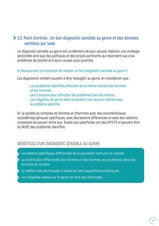 29
3.2. Point d’entrée : Un bon diagnostic sensible au genre et des données
ventilées par sexe
Un diagnostic sensible au genre est un élément clé pour pouvoir élaborer une stratégie
sectorielle ainsi que des politiques et des projets pertinents qui répondent aux vrais
problèmes de société et à leurs causes sous-jacentes.
A. Pourquoi est-ce important de réaliser un bon diagnostic sensible au genre ?
Les diagnostics tendent souvent à être “aveugles” au genre, en considérant que :
- Les problèmes identifiés affectent de la même manière les femmes
et les hommes.
- Leurs besoins pour affronter les problèmes sont les mêmes.
- Les inégalités de genre dans la société n’ont aucune relation avec
le problème identifié.
Or, la société se compose de femmes et d’hommes avec des caractéristiques
sociodémographiques spécifiques, avec des besoins différenciés et avec des relations
complexes de pouvoir entre eux. Toutes ces spécificités ont des EFFETS et peuvent être
la CAUSE des problèmes identifiés.
Les besoins spécifiques différenciés de la population sont pris en compte.
La contribution différenciée des femmes et des hommes aux problèmes détectés
est prise en compte.
La réalité n’est pas faussée ni basée sur des suppositions préconçues.
Les inégalités basées sur le genre ne sont pas renforcées.
BÉNÉFICES D’UN DIAGNOSTIC SENSIBLE AU GENRE
 
