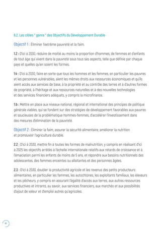 66
6.2. Les cibles “ genre “ des Objectifs du Développement Durable
Objectif 1 : Éliminer l’extrême pauvreté et la faim.
1.2 : D’ici à 2030, réduire de moitié au moins la proportion d’hommes, de femmes et d’enfants
de tout âge qui vivent dans la pauvreté sous tous ses aspects, telle que définie par chaque
pays et quelles qu’en soient les formes.
1.4 : D’ici à 2030, faire en sorte que tous les hommes et les femmes, en particulier les pauvres
et les personnes vulnérables, aient les mêmes droits aux ressources économiques et qu’ils
aient accès aux services de base, à la propriété et au contrôle des terres et à d’autres formes
de propriété, à l’héritage et aux ressources naturelles et à des nouvelles technologies
et des services financiers adéquats, y compris la microfinance.
1.b : Mettre en place aux niveaux national, régional et international des principes de politique
générale viables, qui se fondent sur des stratégies de développement favorables aux pauvres
et soucieuses de la problématique hommes-femmes, d’accélérer l’investissement dans
des mesures d’élimination de la pauvreté.
Objectif 2 : Éliminer la faim, assurer la sécurité alimentaire, améliorer la nutrition
et promouvoir l’agriculture durable.
2.2 : D’ici à 2030, mettre fin à toutes les formes de malnutrition, y compris en réalisant d’ici
à 2025 les objectifs arrêtés à l’échelle internationale relatifs aux retards de croissance et à
l’émaciation parmi les enfants de moins de 5 ans, et répondre aux besoins nutritionnels des
adolescentes, des femmes enceintes ou allaitantes et des personnes âgées.
2.3 : D’ici à 2030, doubler la productivité agricole et les revenus des petits producteurs
alimentaires, en particulier les femmes, les autochtones, les exploitants familiaux, les éleveurs
et les pêcheurs, y compris en assurant l’égalité d’accès aux terres, aux autres ressources
productives et intrants, au savoir, aux services financiers, aux marchés et aux possibilités
d’ajout de valeur et d’emploi autres qu’agricoles.
 