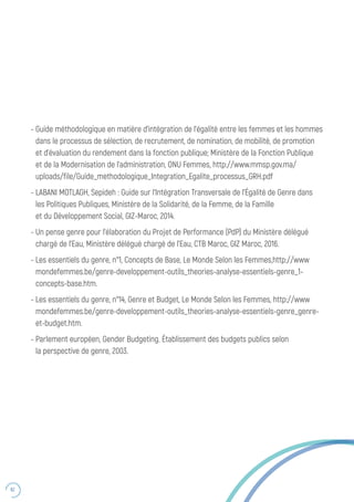 82
- Guide méthodologique en matière d’intégration de l’égalité entre les femmes et les hommes
dans le processus de sélection, de recrutement, de nomination, de mobilité, de promotion
et d’évaluation du rendement dans la fonction publique; Ministère de la Fonction Publique
et de la Modernisation de l’administration, ONU Femmes, http://www.mmsp.gov.ma/
uploads/file/Guide_methodologique_Integration_Egalite_processus_GRH.pdf
- LABANI MOTLAGH, Sepideh : Guide sur l’Intégration Transversale de l’Égalité de Genre dans
les Politiques Publiques, Ministère de la Solidarité, de la Femme, de la Famille
et du Développement Social, GIZ-Maroc, 2014.
- Un pense genre pour l’élaboration du Projet de Performance (PdP) du Ministère délégué
chargé de l’Eau, Ministère délégué chargé de l’Eau, CTB Maroc, GIZ Maroc, 2016.
- Les essentiels du genre, n°1, Concepts de Base, Le Monde Selon les Femmes,http://www
mondefemmes.be/genre-developpement-outils_theories-analyse-essentiels-genre_1-
concepts-base.htm.
- Les essentiels du genre, n°14, Genre et Budget, Le Monde Selon les Femmes, http://www
mondefemmes.be/genre-developpement-outils_theories-analyse-essentiels-genre_genre-
et-budget.htm.
- Parlement européen, Gender Budgeting. Établissement des budgets publics selon
la perspective de genre, 2003.
 