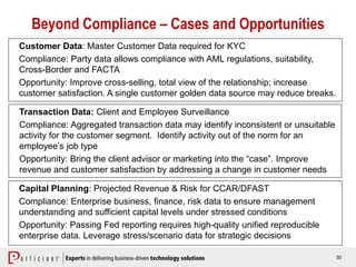 30
Beyond Compliance – Cases and Opportunities
Customer Data: Master Customer Data required for KYC
Compliance: Party data allows compliance with AML regulations, suitability,
Cross-Border and FACTA
Opportunity: Improve cross-selling, total view of the relationship; increase
customer satisfaction. A single customer golden data source may reduce breaks.
Transaction Data: Client and Employee Surveillance
Compliance: Aggregated transaction data may identify inconsistent or unsuitable
activity for the customer segment. Identify activity out of the norm for an
employee’s job type
Opportunity: Bring the client advisor or marketing into the “case”. Improve
revenue and customer satisfaction by addressing a change in customer needs
Capital Planning: Projected Revenue & Risk for CCAR/DFAST
Compliance: Enterprise business, finance, risk data to ensure management
understanding and sufficient capital levels under stressed conditions
Opportunity: Passing Fed reporting requires high-quality unified reproducible
enterprise data. Leverage stress/scenario data for strategic decisions
 