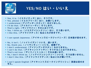  Yes, it is.（イエスイティズ）はい、そうです。
 Yes, please（イエスプリーズ）はい、お願いします。
 I understand（アイアンダースタンド）分かりました。
 I’ll do that.（アイルドゥーザッ）そうします。
 That’s right.（ザッツライッ）そのとおりです。
 Yes, I think so.（イエスアイシンクソゥ）はい、そう思います。
 I like this.（アイライクディス）私はこれが好きです。
 I can speak Japanese.（アイキャンスピークジャパニーズ）日本語が話せます。
 No, it isn’t.（ノゥイトイズン）いいえ、違います。
 No, thank you.（ノゥサンキュー）いいえ、結構です。
 I don’t understand.（アイドンアンダスタン）わかりません。
 I can’t do that.（アイキャントドゥザッ）そうすることはできません。
 That’s not true.（ザッツノットゥルー）それは違います。
 No, I don’t think so.（ノゥアイドンシンクソー）いいえ、そうは思いません。
 I don’t like this.（アイドンライクディス）私はこれが嫌いです。
 I can’t speak English（アイキャントスピークイングリッシュ）英語は話せま
せん。
YES/NO はい・いいえ
 