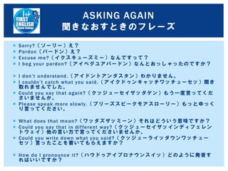 Sorry?（ソーリー）え？
 Pardon（パードン）え？
 Excuse me?（イクスキューズミー）なんですって？
 I beg your pardon?（アイベグユアパードン）なんとおっしゃったのですか？
 I don’t understand.（アイドントアンダスタン）わかりません。
 I couldn’t catch what you said.（アイクドゥンキャッチワッチューセッ）聞き
取れませんでした。
 Could you say that again?（クッジューセイザッダゲン）もう一度言ってくだ
さいませんか。
 Please speak more slowly.（プリーズスピークモアスローリー）もっとゆっく
り言ってください。
 What does that mean?（ワッダズザッミーン）それはどういう意味ですか？
 Could you say that in different way?（クッジューセイザッインディフェレン
トウェイ）他の言い方で言ってくださいませんか。
 Could you write down what you said?（クッジューライッダウンワッチュー
セッ）言ったことを書いてもらえますか？
 How do I pronounce it?（ハウドゥアイプロナウンスイッ）どのように発音す
ればいいですか？
ASKING AGAIN
聞きなおすときのフレーズ
 