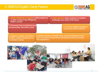 3. SMEAG English Camp
6
§ Location - SMEAG Global school (Tarlac Campus)
§ Program
- TOEFL: intermediate
- Self Learning Program (SLP - ESL) : elementary, pre-interm
ediate, intermediate
§ Environment
- SMEAG Global school (Tarlac Campus)
- 1:1, 1:4, 1:8 Classrooms
- Various Outdoor and Indoor Activities
§ Outdoor Acti
vities
- Donation event with local students.
- Mission Shopping, Ocean Adventure, Water Park, City Tour
§ Safety and S
ecurity
- 24 hour guard on premises
- Medical assistance through local hospitals
- Nurse on site
 