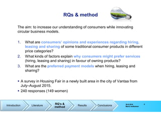 430.6.2016
Maria Antikainen
RQs & method
The aim: to increase our understanding of consumers while innovating
circular bus...