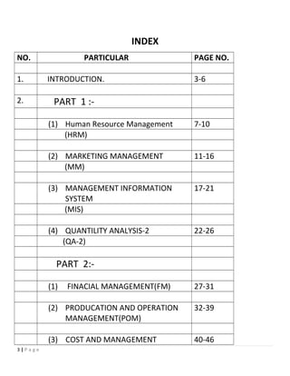 INDEX
NO. PARTICULAR PAGE NO.
1. INTRODUCTION. 3-6
2. PART 1 :-
(1) Human Resource Management 7-10
(HRM)
(2) MARKETING MANAGEMENT 11-16
(MM)
(3) MANAGEMENT INFORMATION
SYSTEM
17-21
(MIS)
(4) QUANTILITY ANALYSIS-2 22-26
(QA-2)
PART 2:-
(1) FINACIAL MANAGEMENT(FM) 27-31
(2) PRODUCATION AND OPERATION
MANAGEMENT(POM)
32-39
(3) COST AND MANAGEMENT 40-46
3 | P a g e
 