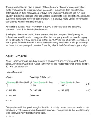 The current ratio can give a sense of the efficiency of a company's operating
cycle or its ability to turn its product into cash. Companies that have trouble
getting paid on their receivables or have long inventory turnover can run into
liquidity problems because they are unable to alleviate their obligations. Because
business operations differ in each industry, it is always more useful to compare
companies within the same industry.
Acceptable current ratios vary from industry to industry and are generally
between 1 and 3 for healthy businesses.
The higher the current ratio, the more capable the company is of paying its
obligations. A ratio under 1 suggests that the company would be unable to pay
off its obligations if they came due at that point. While this shows the company is
not in good financial health, it does not necessarily mean that it will go bankrupt -
as there are many ways to access financing - but it is definitely not a good sign.
Asset Turnover:
Asset Turnover measures how quickly a company turns over its asset through
sales.Domino's Pizza Inc's Asset Turnover for the fiscal year that ended in Dec.
2015 is calculated as
Asset Turnover
= Sales / Average Total Assets
=
Revenue (A: Dec. 2015
)
/
( (Total Assets (A: Dec.
2014 )
+
Total Assets (A: Dec.
2015 ))
/ 2 )
= 2216.528 / ( (596.333 + 799.845) / 2 )
= 2216.528 / 698.089
= 3.18
Companies with low profit margins tend to have high asset turnover, while those
with high profit margins have low asset turnover. Companies in the retail industry
tend to have a very high turnover ratio.
32 | P a g e
 