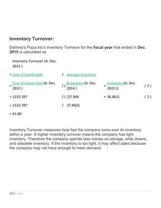 Inventory Turnover:
Domino's Pizza Inc's Inventory Turnover for the fiscal year that ended in Dec.
2015 is calculated as
Inventory Turnover (A: Dec.
2015 )
= Cost of Goods Sold / Average Inventory
=
Cost of Goods Sold (A: Dec.
2015 )
/ (
(Inventory (A: Dec.
2014 )
+
Inventory (A: Dec.
2015 ))
/ 2 )
= 1533.397 / ( (37.944 + 36.861) / 2 )
= 1533.397 / 37.4025
= 41.00
Inventory Turnover measures how fast the company turns over its inventory
within a year. A higher inventory turnover means the company has light
inventory. Therefore the company spends less money on storage, write downs,
and obsolete inventory. If the inventory is too light, it may affect sales because
the company may not have enough to meet demand.
33 | P a g e
 