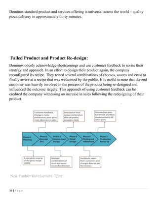 Dominos standard product and services offering is universal across the world – quality
pizza delivery in approximately thirty minutes.
Failed Product and Product Re-design:
Dominos openly acknowledge shortcomings and use customer feedback to revise their
strategy and approach. In an effort to design their product again, the company
reconfigured its recipe. They tested several combinations of cheeses, sauces and crust to
finally arrive at a recipe that was welcomed by the public. It is useful to note that the end
customer was heavily involved in the process of the product being re-designed and
influenced the outcome largely. This approach of using customer feedback can be
credited the company witnessing an increase in sales following the redesigning of their
product.
New Product Development figure:
39 | P a g e
 