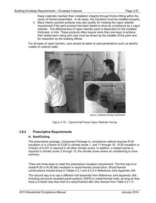 Building Envelope Requirements – Envelope Features Page 3-47
these materials maintain their installation integrity through friction-fitting within the
cavity of framed assemblies. In all cases, the insulation must be installed properly.
3. Many interior painted surfaces may also qualify for meeting the vapor retarder
requirement if the paint product has been tested to show its compliance as a vapor
retarder. The effectiveness of vapor retarder paint is dependent on the installed
thickness, in mils. These products often require more than one layer to achieve
their tested perm rating and care must be shown by the installer of the paint and
for inspection by the building official.
For all types of vapor barriers, care should be taken to seal penetrations such as electric
outlets on exterior walls.
Figure 3-18 – Typical Kraft Faced Vapor Retarder Facing
3.8.2 Prescriptive Requirements
A. Roof/Ceiling
The prescriptive package, Component Package A, compliance method requires R-38
insulation or a U-factor of 0.025 in climate zones 1, and 11 through 16. R-30 insulation or
U-factor of 0.031 is required in all other climate zones. In addition, a radiant barrier is
required in climate zones 2 through 15; the climate zones where air conditioning is more
common.
There are three ways to meet the prescriptive insulation requirement. The first way is to
install R-30 or R-38 attic insulation in wood-framed construction. Wood-framed
constructions include those in Tables 4.2.1 and 4.2.2 in Reference Joint Appendix JA4.
The second way is to use a different roof assembly from Reference Joint Appendix JA4,
including structural insulated panel systems (SIPS) or metal-framed roofs, as long as they
have a U-factor less than that of a wood-framed attic (the choices from Table 4.2.1 in
2013 Residential Compliance Manual January 2014
 