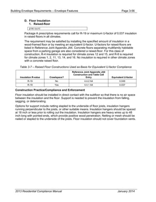 Building Envelope Requirements – Envelope Features Page 3-56
D. Floor Insulation
1. Raised-floor
§150.1(c)1C
Package A prescriptive requirements call for R-19 or maximum U-factor of 0.037 insulation
in raised floors in all climates.
The requirement may be satisfied by installing the specified amount of insulation in a
wood-framed floor or by meeting an equivalent U-factor. U-factors for raised-floors are
listed in Reference Joint Appendix JA4. Concrete floors separating multifamily habitable
space from a parking garage are also considered a raised-floor. For this class of
construction, R-4 insulation is required for climate zones 12 and 15, and R-8 is required
for climate zones 1, 2, 11, 13, 14, and 16. No insulation is required in other climate zones
with a concrete raised floor.
Table 3-7 – Raised Floor Constructions Used as Basis for Equivalent U-factor Compliance
Insulation R-value Crawlspace?
Reference Joint Appendix JA4
Construction and Table Cell
Entry Equivalent U-factor
R-19 No 4.4.2 A4 0.049
R-19 Yes 4.4.1 A4 0.037
Construction Practice/Compliance and Enforcement
Floor insulation should be installed in direct contact with the subfloor so that there is no air space
between the insulation and the floor. Support is needed to prevent the insulation from falling,
sagging, or deteriorating.
Options for support include netting stapled to the underside of floor joists, insulation hangers
running perpendicular to the joists, or other suitable means. Insulation hangers should be spaced
at 18 inch or less prior to rolling out the insulation. Insulation hangers are heavy wires up to 48
inch long with pointed ends, which provide positive wood penetration. Netting or mesh should be
nailed or stapled to the underside of the joists. Floor insulation should not cover foundation vents.
2013 Residential Compliance Manual January 2014
 