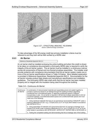 Building Envelope Requirements – Advanced Assembly Systems Page 3-61
Figure 3-27 – STRUCTURAL BRACING, TIE-DOWNS
Source: California Energy Commission
To take advantage of the QII energy credit two primary installation criteria must be
adhered to and they both will be field verified by a HERS rater:
3.9.3 Air Barrier
Reference Residential Appendix RA3.5.2
An air barrier shall be installed enclosing the entire building and when this credit is shown
to be taken on compliance documentation a third-party HERS rater is required to verify the
integrity of the air barrier system. The air barrier must be installed in a continuous manner
across all components of framed and non-framed envelope assemblies. The installer shall
provide evidence with compliance documentation that the air barrier system meets one or
more of the air barrier specifications shown in Table 3-8 below. More detailed explanation
is provided in Reference Appendices, Residential Appendix RA3.5. Documentation for the
air barrier includes product data sheets and manufacturer specifications and installation
guidelines. The third-party HERS rater shall verify that the air barrier has been installed
properly and is integral with the insulation being used throughout the building.
Table 3-8 – Continuous Air Barrier
Continuous
Air Barrier
A combination of interconnected materials and assemblies joined and sealed together to
provide a continuous barrier to air leakage through the building envelope separating
conditioned from unconditioned space, or adjoining conditioned spaces of different
occupancies or uses. An air barrier is required in all thermal envelope assemblies to limit air
movement between unconditioned/outside spaces and conditioned/inside spaces and must
meet one of the following:
1. Using individual materials that have an air permeance not exceeding 0.004cfm/ft
2
under a
pressure differential of 0.3in. w.g. (1.57psf) (0.02 L/s.m
2
at 75 pa) when tested in accordance
with ASTM E2178; or
2. Using assemblies of materials and components that have an average air leakage not to
exceed 0.04 cfm/ft2 under a pressure differential of 0.3 in. w.g (1.57psf) (0.2 L/s.m
2
at 75 pa)
when tested in accordance with ASTM E2357, ASTM E1677, ASTM E1680 or ASTM E283; or
3. Testing the completed building and demonstrating that the air leakage rate of the building
2013 Residential Compliance Manual January 2014
 