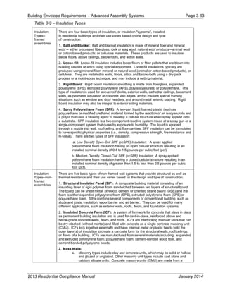 Building Envelope Requirements – Advanced Assembly Systems Page 3-63
Table 3-9 – Insulation Types
Insulation
Types--
framed
assemblies
There are four basic types of insulation, or insulation "systems", installed
in residential buildings and their use varies based on the design and type
of construction:
1. Batt and Blanket: Batt and blanket insulation is made of mineral fiber and mineral
wool -- either processed fiberglass, rock or slag wool; natural wool products—animal wool
or cotton based products; or cellulose materials. These products are used to insulate
below floors, above ceilings, below roofs, and within walls.
2. Loose-fill: Loose-fill insulation includes loose fibers or fiber pellets that are blown into
building cavities or attics using special equipment. Loose-fill insulations typically are
produced using mineral fiber, mineral or natural wool (animal or cotton based products), or
cellulose. They are installed in walls, floors, attics and below roofs using a dry-pack
process or a moist-spray technique, and may include a netting material.
3. Rigid Board: Rigid board insulation sheathing is made from fiberglass, expanded
polystyrene (EPS), extruded polystyrene (XPS), polyisocyanurate, or polyurethane. This
type of insulation is used for above roof decks, exterior walls, cathedral ceilings, basement
walls, as perimeter insulation at concrete slab edges, and to insulate special framing
situations such as window and door headers, and around metal seismic bracing. Rigid
board insulation may also be integral to exterior siding materials.
4. Spray Polyurethane Foam (SPF): A two-part liquid foamed plastic (such as
polyurethane or modified urethane) material formed by the reaction of an isocyanurate and
a polyol that uses a blowing agent to develop a cellular structure when spray applied onto
a substrate. SPF insulation is a two-component reactive system mixed at a spray gun or a
single-component system that cures by exposure to humidity. The liquid is sprayed
through a nozzle into wall, roof/ceiling, and floor cavities. SPF insulation can be formulated
to have specific physical properties (i.e., density, compressive strength, fire resistance and
R-value). There are two types of SPF insulation:
a. Low Density Open-Cell SPF (ocSPF) Insulation: A spray applied
polyurethane foam insulation having an open cellular structure resulting in an
installed nominal density of 0.4 to 1.5 pounds per cubic foot (pcf).
b. Medium Density Closed-Cell SPF (ccSPF) Insulation: A spray applied
polyurethane foam insulation having a closed cellular structure resulting in an
installed nominal density of greater than 1.5 to less than 2.5 pounds per cubic
foot (pcf).
Insulation
Types--non-
framed
assemblies
There are five basic types of non-framed wall systems that provide structural as well as
thermal resistance and their use varies based on the design and type of construction:
1. Structural Insulated Panel (SIP): A composite building material consisting of an
insulating layer of rigid polymer foam sandwiched between two layers of structural board.
The board can be sheet metal, plywood, cement or oriented strand board (OSB) and the
foam is either expanded polystyrene foam (EPS), extruded polystyrene foam (XPS) or
polyurethane foam. SIPs combine several components of conventional building, such as
studs and joists, insulation, vapor barrier and air barrier. They can be used for many
different applications, such as exterior walls, roofs, floors, and foundation systems.
2. Insulated Concrete Form (ICF): A system of formwork for concrete that stays in place
as permanent building insulation and is used for cast-in-place, reinforced above and
below-grade concrete walls, floors, and roofs. ICFs are interlocking modular units that can
be dry-stacked (without mortar) and filled with concrete as a single concrete masonry unit
(CMU). ICFs lock together externally and have internal metal or plastic ties to hold the
outer layer(s) of insulation to create a concrete form for the structural walls, roof/ceilings,
or floors of a building. ICFs are manufactured from several materials including: expanded
and extruded polystyrene foam, polyurethane foam, cement-bonded wood fiber, and
cement-bonded polystyrene beads.
2. Mass Walls:
a. Masonry types include clay and concrete units, which may be solid or hollow,
and glazed or unglazed. Other masonry unit types include cast stone and
calcium silicate units. Concrete masonry units (CMU) are made from a
2013 Residential Compliance Manual January 2014
 