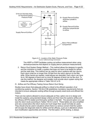 Building HVAC Requirements – Air Distribution System Ducts, Plenums, and Fans Page 4-32
Figure 4–5 - Location of the Static Pressure Probe
Source: California Energy Commission
The HSPP or PSPP facilitates cooling coil airflow measurement when using
devices/procedures that depend on supply plenum pressure measurements.
2. Return Duct System Design Method – This method allows the designer to specify,
and the contractor to install, a system that does not have to be tested for airflow
and fan watt draw. This method can be used for return systems with two returns.
Each return shall be no longer than 30 feet from the return plenum to the filter
grille. When bends are needed, metal elbows are desirable. Each return can have
up to 180 degrees of bend and no more 90 degrees of bend can be flex duct. To
use this method, the designer and installer must provide return system sizing that
meets the appropriate criteria in Table 150.0-C or D.
O. Airflow and Fan Efficacy Testing Versus Return Duct Sizing
Studies have shown that adequate airflow is critical to the efficient operation of air
conditioning systems. Section 150.0(m)13B establishes mandatory requirements that are
intended to ensure adequate cooling airflow through properly sized ducts and efficient fan
motors.
There are two options allowed to ensure adequate air flow; option one is to design and
install the systems using standard design criteria and then have the systems airflow and
fan efficacy (AF/FE) tested and third-party verified in the field. The second option is to use
size the return ducts according to Tables 150.0-C and D. These tables are very simplified
and very conservative (the return ducts are much larger than would normally be used).
They should only be used in situations where there is a serious concern that the system
will not pass the diagnostic tests for airflow and fan efficacy, such as in alterations where
duct modification opportunities are limited. The first option, AF/FE testing, is always
B
A
Air Flow
Evaporator
Coil
.75A
.75B
A = Supply Plenum/Coil Box
dimension parallel to
airflow.
B = Supply Plenum/Coil Box
dimension perpendicular
to airflow.
Return Plenum/Blower
Compartment
Supply Plenum/Coil Box
Title 24
Supply Plenum
Measurement
Access
5/16 inch Diameter Hole
Or Permanent Static
Pressure Probe
2013 Residential Compliance Manual January 2014
 