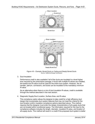 Building HVAC Requirements – Air Distribution System Ducts, Plenums, and Fans Page 4-43
Figure 4-9 – Example: Buried Ducts on Ceiling and Deeply Buried Ducts
Source: California Energy Commission
3. Duct Insulation
Performance credit is also available if all of the ducts are insulated to a level higher
than required by the prescriptive package. If ducts with multiple R-values are installed,
the lowest duct R-value must be used for the entire duct system. However, the air
handler, plenum, connectors, and boots can be insulated to the mandatory minimum
R-value.
As an alternative when there is a mix of duct insulation R-values, credit is available
through the method described in the next section.
4. Diagnostic Supply Duct Location, Surface Area, and R-value
This compliance option allows the designer to take credit for a high efficiency duct
design that incorporates duct system features that may not meet the criteria for the
duct location and/or insulation compliance options described above. This method
requires that the designer must enter the design characteristics of all supply ducts that
are not located within conditioned space. The information required for the input to the
compliance software includes the length, diameter, insulation R-value, and location of
all supply ducts. This method will result in a credit if the proposed duct system is better
2013 Residential Compliance Manual January 2014
 