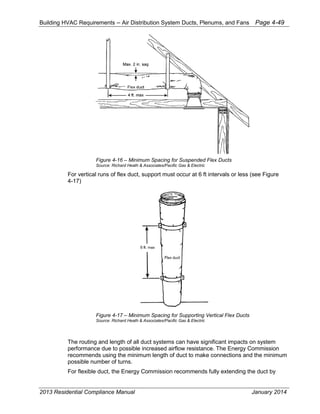 Building HVAC Requirements – Air Distribution System Ducts, Plenums, and Fans Page 4-49
Figure 4-16 – Minimum Spacing for Suspended Flex Ducts
Source: Richard Heath & Associates/Pacific Gas & Electric
For vertical runs of flex duct, support must occur at 6 ft intervals or less (see Figure
4-17)
Figure 4-17 – Minimum Spacing for Supporting Vertical Flex Ducts
Source: Richard Heath & Associates/Pacific Gas & Electric
The routing and length of all duct systems can have significant impacts on system
performance due to possible increased airflow resistance. The Energy Commission
recommends using the minimum length of duct to make connections and the minimum
possible number of turns.
For flexible duct, the Energy Commission recommends fully extending the duct by
2013 Residential Compliance Manual January 2014
 