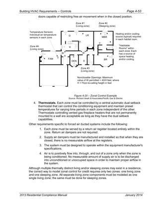 Building HVAC Requirements – Controls Page 4-53
doors capable of restricting free air movement when in the closed position.
Figure 4-20 – Zonal Control Example
Source: Richard Heath & Associates/Pacific Gas & Electric
4. Thermostats. Each zone must be controlled by a central automatic dual setback
thermostat that can control the conditioning equipment and maintain preset
temperatures for varying time periods in each zone independent of the other.
Thermostats controlling vented gas fireplace heaters that are not permanently
mounted to a wall are acceptable as long as they have the dual setback
capabilities.
Other requirements specific to forced air ducted systems include the following:
1. Each zone must be served by a return air register located entirely within the
zone. Return air dampers are not required.
2. Supply air dampers must be manufactured and installed so that when they are
closed, there is no measurable airflow at the registers.
3. The system must be designed to operate within the equipment manufacturer's
specifications.
4. Air is to positively flow into, through, and out of a zone only when the zone is
being conditioned. No measurable amount of supply air is to be discharged
into unconditioned or unoccupied space in order to maintain proper airflow in
the system.
Although multiple thermally distinct living and/or sleeping zones may exist in a residence,
the correct way to model zonal control for credit requires only two zones: one living zone
and one sleeping zone. All separate living zone components must be modeled as one
single living zone; the same must be done for sleeping zones.
T T
T
T
MBR
LRD
K
BR
EDEN
FAM
Zone #3
(Living zone)
Zone #2
(Sleeping zone)
Zone #1
(Living zone)
Temperature Sensors:
Individual air temperature
sensors in each zone
Zone #4
(Living zone)
Heating and/or cooling
source (typical) required
in each habital room.
"Habitable
Rooms" within
each zone: Each
has a source of
space heating
and/or cooling.
Nonclosable Openings: Maximum
value of W permitted = 40/H feet, where
H = Floor-to-ceiling height in feet
W W
2013 Residential Compliance Manual January 2014
 