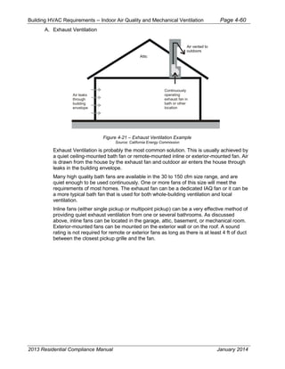 Building HVAC Requirements – Indoor Air Quality and Mechanical Ventilation Page 4-60
A. Exhaust Ventilation
Figure 4-21 – Exhaust Ventilation Example
Source: California Energy Commission
Exhaust Ventilation is probably the most common solution. This is usually achieved by
a quiet ceiling-mounted bath fan or remote-mounted inline or exterior-mounted fan. Air
is drawn from the house by the exhaust fan and outdoor air enters the house through
leaks in the building envelope.
Many high quality bath fans are available in the 30 to 150 cfm size range, and are
quiet enough to be used continuously. One or more fans of this size will meet the
requirements of most homes. The exhaust fan can be a dedicated IAQ fan or it can be
a more typical bath fan that is used for both whole-building ventilation and local
ventilation.
Inline fans (either single pickup or multipoint pickup) can be a very effective method of
providing quiet exhaust ventilation from one or several bathrooms. As discussed
above, inline fans can be located in the garage, attic, basement, or mechanical room.
Exterior-mounted fans can be mounted on the exterior wall or on the roof. A sound
rating is not required for remote or exterior fans as long as there is at least 4 ft of duct
between the closest pickup grille and the fan.
Attic
Air vented to
outdoors
Continuously
operating
exhaust fan in
bath or other
location
Air leaks
through
building
envelope
2013 Residential Compliance Manual January 2014
 