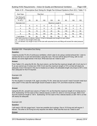 Building HVAC Requirements – Indoor Air Quality and Mechanical Ventilation Page 4-89
Table 4-16 – Prescriptive Duct Sizing for Single Fan Exhaust Systems (from 62.2, Table 7.1)
Duct Type Flex Duct Smooth Duct
Fan Rating 62
Pa (cfm@ 0.25
in. w.c.) 50 80 100 125 50 80 100 125
Diameter inch Maximum Length ft.
3 X X X X 5 X X X
4 70 3 X X 105 35 5 X
5 NL 70 35 20 NL 135 85 55
6 NL NL 125 95 NL NL NL 145
7 and above NL NL NL NL NL NL NL NL
This table assumes no elbows. Deduct 15 feet of allowable duct length for each elbow.
NL = no limit on duct length of this size.
X = not allowed, any length of duct of this size with assumed turns and fitting will exceed the rated pressure
drop.
Example 4-38 – Prescriptive Duct Sizing
Question
I need to provide 75 cfm of continuous ventilation, which I plan to do using a central exhaust fan. I plan to
connect the fan to a roof vent termination using flex duct. The duct will be about 8 ft long, with no real
elbows, but some slight bends in the duct. What size duct do I need to use?
Answer
From Table 4-16, using the 80 cfm, flex duct column, we find that the maximum length with 4 inch duct is 3
ft, so you cannot use 4 inches duct. With 5 inch duct the maximum length is 70 ft, so that will clearly be
adequate. Even if the bend in the duct is treated as an elbow, the allowable length only drops to 55 ft, more
than adequate for the 8 ft required.
Example 4-39
Question
For the situation in example 4-36, again providing 75 cfm, what size duct would I need if smooth metal duct
were used? In this case the total length would increase to about 10 ft, and there would be 2 elbows.
Answer
Using the 80 cfm, smooth duct column of Table 4-16, we find that the maximum length of 4 inches duct is
35 ft. Subtracting 15 ft for each of the 2 elbows leaves us with 5 ft, which is not long enough. With 5 inch
duct the maximum length is 135 ft. Subtracting 15 ft for each of the 2 elbows leaves us with 105 ft, so that
will clearly be adequate.
Example 4-40
Question
I will need a 100 cfm range hood. I have two possible duct routings. One is 15 ft long and will require 3
elbows. The other is 35 ft long but only requires one elbow. What size flex duct do I need to use?
Answer
2013 Residential Compliance Manual January 2014
 