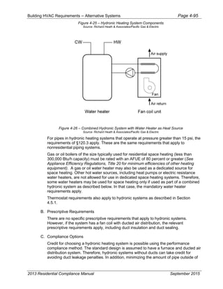 Building HVAC Requirements – Alternative Systems Page 4-95
Figure 4-25 – Hydronic Heating System Components
Source: Richard Heath & Associates/Pacific Gas & Electric
Figure 4-26 – Combined Hydronic System with Water Heater as Heat Source
Source: Richard Heath & Associates/Pacific Gas & Electric
For pipes in hydronic heating systems that operate at pressure greater than 15 psi, the
requirements of §120.3 apply. These are the same requirements that apply to
nonresidential piping systems.
Gas or oil boilers of the size typically used for residential space heating (less than
300,000 Btu/h capacity) must be rated with an AFUE of 80 percent or greater (See
Appliance Efficiency Regulations, Title 20 for minimum efficiencies of other heating
equipment). A gas or oil water heater may also be used as a dedicated source for
space heating. Other hot water sources, including heat pumps or electric resistance
water heaters, are not allowed for use in dedicated space heating systems. Therefore,
some water heaters may be used for space heating only if used as part of a combined
hydronic system as described below. In that case, the mandatory water heater
requirements apply.
Thermostat requirements also apply to hydronic systems as described in Section
4.5.1.
B. Prescriptive Requirements
There are no specific prescriptive requirements that apply to hydronic systems.
However, if the system has a fan coil with ducted air distribution, the relevant
prescriptive requirements apply, including duct insulation and duct sealing.
C. Compliance Options
Credit for choosing a hydronic heating system is possible using the performance
compliance method. The standard design is assumed to have a furnace and ducted air
distribution system. Therefore, hydronic systems without ducts can take credit for
avoiding duct leakage penalties. In addition, minimizing the amount of pipe outside of
2013 Residential Compliance Manual September 2015
 