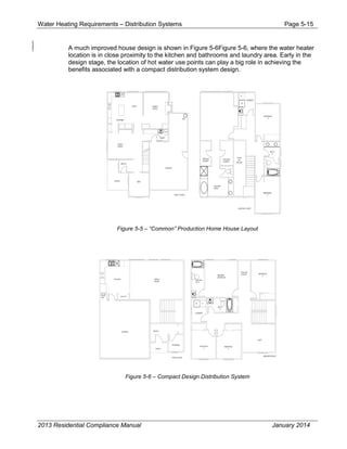Water Heating Requirements – Distribution Systems Page 5-15
A much improved house design is shown in Figure 5-6Figure 5-6, where the water heater
location is in close proximity to the kitchen and bathrooms and laundry area. Early in the
design stage, the location of hot water use points can play a big role in achieving the
benefits associated with a compact distribution system design.
Figure 5-5 – “Common” Production Home House Layout
Figure 5-6 – Compact Design Distribution System
2013 Residential Compliance Manual January 2014
 