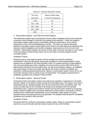 Water Heating Requirements – Distribution Systems Page 5-16
Table 5-5 – Compact Distribution System
Floor Area Maximum Water Heater
Served (ft
2
) To Use Point Distance (ft)
< 1000 28’
1001 – 1600 43’
1601 – 2200 53’
2201 – 2800 62’
>2800 68’
4. Recirculation System – Non-Demand Control Options
This distribution system type encompasses all recirculation strategies that do not incorporate
a demand control strategy to minimize recirculating pump operation. Under this category,
recirculation system types include uncontrolled continuous recirculation, timer control,
temperature control, and time/temperature controls. The intent is to clearly distinguish
between recirculation system control options that result in very little daily pump operating time
(demand control strategies) and the other strategies, where pump run time is much more
uncertain. Recirculation systems are known to save water (since the hot water is much closer
to the use points), but the energy impact can be very high in a poorly designed and/or
controlled system.
Installation Criteria
All piping used to recirculate hot water must be insulated to meet the mandatory
requirements. Since the Standards require pipe insulation for recirculating systems, these
systems are not eligible for the Pipe Insulation credit. For systems serving a single dwelling
unit, the recirculating loop within a dwelling unit must be laid out to be within 8 ft of all hot
water fixtures served by the recirculating loop. As with all recirculation systems, an intelligent
loop layout (loop in-board of hot water use points) and proper insulation installation are
essential in obtaining desired performance. Piping in a recirculation system cannot be run up
to the attic and then down to points of use on the first floor. The adopted requirements for
installation guidelines are included in RA3 and RA4
5. Recirculation System – Demand Control
A demand-control recirculation system uses brief pump operation in response to a hot water
demand “signal” to circulate hot water through the recirculation loop. The system must have a
temperature sensor, typically located at the most remote point of the recirculation loop. The
sensor provides input to the controller to terminate pump operation when the sensed
temperature rises. Typical control options include manual push button controls or occupancy
sensor controls installed at key use areas (bathrooms and/or kitchen). Push button control is
preferred from a performance perspective, since it eliminates “false signals” for pump
operation that an occupancy sensor could generate. The adopted requirements for installation
guidelines are included in RA3 and RA4
Installation Criteria
All criteria listed for continuous recirculation systems apply. Piping in a recirculation system
cannot be run up to the attic and then down to points of use on the first floor.
2013 Residential Compliance Manual January 2014
 