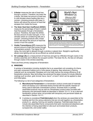 Building Envelope Requirements – Fenestration Page 3-9
1. U-factor measures the rate of heat loss
through a product. Therefore, the lower the
U-factor, the lower the amount of heat loss.
In cold climates where heating bills are a
concern, choosing products with lower U-
factors will reduce the amount of heat that
escapes from inside the house.
2. The Solar Heat Gain Coefficient (SHGC)
measures the percentage of heat in radiant
heat that passes through a fenestration
product. Therefore, the lower the SHGC,
the less amount of solar heat gain. In hot
climates where air conditioning bills are a
concern, choosing products with a lower
SHGC will reduce the amount of heat that
comes in from the outside.
3. Visible Transmittance (VT) measures the
percent amount of light that comes through
a fenestration product. The higher the VT
rating, the more light is allowed through a window or glazed door. Skylight’s significantly
allows more lighting and can be as efficient as vertical windows.
4. Air Leakage (AL) is a measurement of heat loss and gain by infiltration through cracks in the
window assembly and it affects the occupant comfort. The lower the AL, the less air will pass
through cracks in the window assembly.
There are three primary categories of fenestration:
A. WINDOWS
A window is fenestration including skylights that is an assembled unit consisting of a frame
and sash component holding one or more pieces of glazing. New advances in framing
material such as composites, fiberglass and vinyl help improve the energy efficiency of all
fenestration products. New technology has advanced the glass industry to include reflective
coatings such as silver, gold, bronze, low-e, low-e2
, or low-e3
which can be applied to clear
and tinted glass.
The following is a list of sub-categories of fenestration;
A. Manufactured Fenestration is a fenestration product constructed of materials
which are factory cut or otherwise factory formed with the specific intention of
being used to fabricate a fenestration product. Knocked down or partially
assembled products may be sold as a fenestration product when provided with
temporary and permanent labels as described in Section 10-111; or as a site-built
fenestration product when not provided with temporary and permanent labels as
described in Section 10-111.
B. A window is considered Field-fabricated when the windows are assembled at the
building site from the various elements that are not sold together as a fenestration
product (i.e., glazing, framing and weather stripping). Field-fabricated does not
include site-assembled frame components that were manufactured elsewhere with
the intention of being assembled on site (such as knocked down products,
sunspace kits, and curtain walls).
2013 Residential Compliance Manual January 2014
 