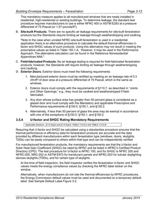 Building Envelope Requirements – Fenestration Page 3-12
This mandatory measure applies to all manufactured windows that are newly installed in
residential, high-residential or existing buildings. To determine leakage, the standard test
procedure requires manufacturers to use is either NFRC 400 or ASTM E283 at a pressure
differential of 75 Pascal (or 1.57 pounds/ft2
).
B. Site-built Products. There are no specific air leakage requirements for site-built fenestration
products but the Standards require limiting air leakage through weatherstripping and caulking.
"Note In the case when unrated NFRC site-built fenestration is used in a residential
application there is an alternative procedure to calculate the default thermal efficiencies U-
factor and SHGC values of such products. Using this alternative may not result in meeting the
prescriptive values as listed in Table 150.1-A. However, it may be used in the Performance
Approach. The alternative calculation can be found in the Reference Nonresidential
Appendices NA6."
C. Field-fabricated Products. No air leakage testing is required for field-fabricated fenestration
products; however, the Standards still require limiting air leakage through weatherstripping
and caulking.
D. Exterior Doors. Exterior doors must meet the following requirements:
1. Manufactured exterior doors must be certified as meeting an air leakage rate of 0.3
cfm/ft² of door area at a pressure differential of 75 Pascal, which is the same as
windows.
2. Exterior doors must comply with the requirements of §110.7, as described in “Joints
and Other Openings,” e.g., they must be caulked and weatherstripped if field-
fabricated.
3. Any door whose surface area has greater than 50 percent glass is considered as a
glazed door and must comply with the Mandatory and applicable Prescriptive and
Performance requirements of §150.0, §150.1, and §150.2.
4. Alternatively, if less than 50 percent of glass the area may be exempt in accordance
with one of the exceptions of §150.0, §150.1, and §150.2.
3.5.4 U-factor and SHGC Rating Mandatory Requirements
Applicable Sections: §110.6(a)2 and §110.6(a)3; TABLE 110.6-A and TABLE 110.6-B
Requiring that U-factor and SHGC be calculated using a standardize procedure ensures that the
thermal performance or efficiency data for fenestration products are accurate and the data
provided by different manufacturers within each fenestration type (windows, doors, skylights,
TDDs) can be easily compared to others within that type and can be independently verified.
For manufactured fenestration products, the mandatory requirements are that the U-factor and
Solar Heat Gain Coefficient (SHGC) be rated by NFRC and be listed in NFRC’s Certified Product
Directory (CPD). The test procedure for U-factor is NFRC 100, and for SHGC is NFRC 200 and
NFRC-200, NRC-202 or ASTM E972 for translucent panels and NFRC-203 for tubular daylighting
devices skylights (TDDs), and for certain type of skylights.
At the time of field inspection, the field inspector verifies the fenestration U-factor and SHGC
values meets the energy compliance values by checking the NFRC label sticker on the
window.
Alternatively, when manufacturers do not rate the thermal efficiencies by NFRC procedures,
the Energy Commission default values must be used and documented on a temporary default
label. See Sample Default Label Figure 3-2.
2013 Residential Compliance Manual January 2014
 