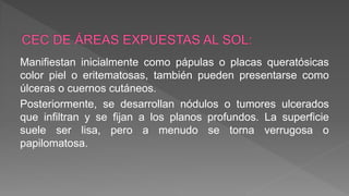 Manifiestan inicialmente como pápulas o placas queratósicas
color piel o eritematosas, también pueden presentarse como
úlceras o cuernos cutáneos.
Posteriormente, se desarrollan nódulos o tumores ulcerados
que infiltran y se fijan a los planos profundos. La superficie
suele ser lisa, pero a menudo se torna verrugosa o
papilomatosa.
 