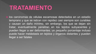  los carcinomas de células escamosas detectados en un estadio
temprano y que se retiran con rapidez casi siempre son curables
y causan un daño mínimo. sin embargo, los que se dejan sin
tratar, eventualmente penetran en los tejidos subyacentes y
pueden llegar a ser deformantes. un pequeño porcentaje incluso
puede hacer metástasis en tejidos y órganos distantes y pueden
llegar a ser fatales
 