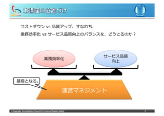 コストダウン  vs  品質アップ、すなわち、
            業務効率率率化  vs  サービス品質向上のバランスを、どうとるのか？




                                                                      サービス品質
                                         業務効率率率化
                                                                        向上



       基礎となる。

                                                               運営マネジメント


©	
  Copyright Accreditation Council for Internet Retailer Ability             4
 
