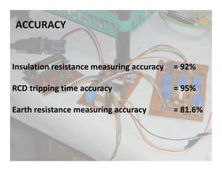 ACCURACY
Insulation resistance measuring accuracy = 92%
RCD tripping time accuracy = 95%
Earth resistance measuring accuracy = 81.6%
 
