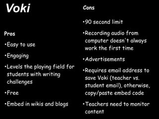 Voki                            Cons

                                •90 second limit
Pros                            •Recording audio from
                                 computer doesn't always
•Easy to use                     work the first time
•Engaging
                                •Advertisements
•Levels the playing field for
                                •Requires email address to
 students with writing
                                 save Voki (teacher vs.
 challenges
                                 student email), otherwise,
•Free                            copy/paste embed code

•Embed in wikis and blogs       •Teachers need to monitor
                                 content
 