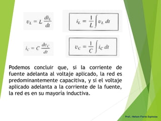 Prof.: Nelson Flores Espinoza
Podemos concluir que, si la corriente de
fuente adelanta al voltaje aplicado, la red es
predominantemente capacitiva, y si el voltaje
aplicado adelanta a la corriente de la fuente,
la red es en su mayoría inductiva.
 