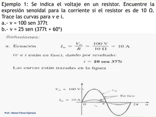 Prof.: Nelson Flores Espinoza
Ejemplo 1: Se indica el voltaje en un resistor. Encuentre la
expresión senoidal para la corriente si el resistor es de 10 Ω.
Trace las curvas para v e i.
a.- v = 100 sen 377t
b.- v = 25 sen (377t + 60º)
 