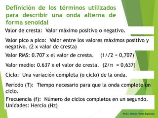 Prof.: Nelson Flores Espinoza
Definición de los términos utilizados
para describir una onda alterna de
forma senoidal
Valor de cresta: Valor máximo positivo o negativo.
Valor pico a pico: Valor entre los valores máximos positivo y
negativo. (2 x valor de cresta)
Valor RMS: 0.707 x el valor de cresta. (1/√2 = 0,707)
Ciclo: Una variación completa (o ciclo) de la onda.
Período (T): Tiempo necesario para que la onda complete un
ciclo.
Frecuencia (f): Número de ciclos completos en un segundo.
Unidades: Hercio (Hz)
Valor medio: 0.637 x el valor de cresta. (2/π = 0,637)
 