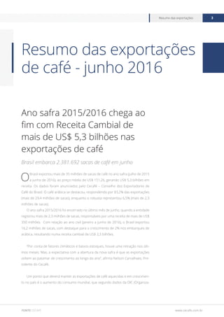 www.cecafe.com.br
Resumo das exportações 3
FONTE CECAFÉ
Ano safra 2015/2016 chega ao
fim com Receita Cambial de
mais de US$ 5,3 bilhões nas
exportações de café
Brasil embarca 2.381.692 sacas de café em junho
O
Brasil exportou mais de 35 milhões de sacas de café no ano safra (julho de 2015
a junho de 2016), ao preço médio de US$ 151,26, gerando US$ 5,3 bilhões em
receita. Os dados foram anunciados pelo Cecafé – Conselho dos Exportadores de
Café do Brasil. O café arábica se destacou, respondendo por 83,2% das exportações
(mais de 29,4 milhões de sacas), enquanto o robusta representou 6,5% (mais de 2,3
milhões de sacas).
O ano safra 2015/2016 foi encerrado no último mês de junho, quando a entidade
registrou mais de 2,3 milhões de sacas, responsáveis por uma receita de mais de US$
350 milhões. Com relação ao ano civil (janeiro a junho de 2016), o Brasil exportou
16,2 milhões de sacas, com destaque para o crescimento de 2% nos embarques de
arábica, resultando numa receita cambial de US$ 2,3 bilhões.
“Por conta de fatores climáticos e baixos estoques, houve uma retração nos últi-
mos meses. Mas, a expectativa com a abertura da nova safra é que as exportações
voltem ao patamar de crescimento ao longo do ano”, afirma Nelson Carvalhaes, Pre-
sidente do Cecafé.
Um ponto que deverá manter as exportações de café aquecidas e em crescimen-
to no país é o aumento do consumo mundial, que segundo dados da OIC (Organiza-
Resumo das exportações
de café - junho 2016
 