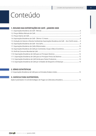Relatório mensal janeiro 2020
Conselho dos Exportadores de Café do Brasil 2
1. RESUMO DAS EXPORTAÇÕES DE CAFÉ – JANEIRO 2020
1.1. Exportações Brasileiras de Café - Mensal.................................................................................................... 6
1.2. Preços Médios Mensais de Café.................................................................................................................... 7
1.3. Preços Diários de Café.................................................................................................................................... 7
1.4. Exportações Brasileiras de Café - Últimos 12 meses.................................................................................. 8
1.5. Evolução do Volume e Receita Cambial das Exportações Brasileiras de Café - Ano Civil (5 anos)....... 9
1.6. Exportações Brasileiras de Café - Ano-Safra................................................................................................ 9
1.7. Exportações Brasileiras de Cafés Diferenciados.......................................................................................10
1.8. Exportações Brasileiras de Café por Continente, Grupo e Bloco Econômico........................................11
1.9. Perfil do Consumo Mundial de Café...........................................................................................................11
1.10. Exportações Brasileiras de Café para os Principais Destinos................................................................12
1.11. Exportações Brasileiras de Café para os Principais Portos de Destinos..............................................12
1.12. Exportações Brasileiras de Café Verde para Países Produtores...........................................................13
1.13. Exportações Brasileiras de Café por Unidades de Despacho e Embarque.........................................14
2. SÉRIES ESTATÍSTICAS
2.1.Exportações Brasileiras de Café para os Emirados Árabes Unidos.........................................................15
3. CAFEICULTURA SUSTENTÁVEL
Ações Sustentáveis: O controle biológico de Pragas na Cafeicultura Brasileira.......................................... 16
4. RESPONSABILIDADE SOCIAL E SUSTENTABILIDADE................................................................. 20
5. JURÍDICO TRIBUTÁRIO....................................................................................................................................... 22
Conteúdo
 