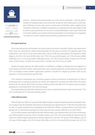 Relatório mensal janeiro 2021
Resumo das exportações 4

Em Janeiro de
2021, o Brasil
exportou café
para 87 países
anterior. Embora tenha apresentado um ritmo menos acelerado, o mês de janeiro
também se destacou pelo crescimento das vendas do café arábica para os EUA, Bél-
gica, Colômbia e França, bem como o conilon para a Colômbia, Itália e Argélia. Esses
resultados reafirmam o trabalho competente e qualificado de todo agronegócio café
brasileiro, que juntamente com seu foco na sustentabilidade, mostra que a demanda
se mantém sólida e que o Brasil continuará atendendo aos mais diversos e exigentes
mercados do mundo”, declara Nicolas Rueda, presidente do Cecafé.
Principais destinos
O principal destino de café brasileiro em janeiro deste ano foram os Estados Unidos, que importaram
692,4 sacas de café (22% do volume total exportado no mês para o mundo). Em segundo lugar ficou
a Alemanha, com 532 mil sacas exportadas para o país (16,9% das exportações). Na sequência estão:
Bélgica, com 261,4 mil sacas (8,3%); Itália, com 195,5 mil sacas (6,2%); Japão, com 150 mil sacas (4,8%);
Colômbia, com 113 mil sacas (3,6%); Federação Russa, com 106 mil sacas (3,4%); Turquia, com 97,3 mil
sacas (3,1%); França, com 84,6 mil sacas (2,7%); e, Canadá, com 75,3 mil sacas (2,4%).
Desses principais destinos de café brasileiro, a Colômbia e a Bélgica se destacaram por registrar os
crescimentos de 237% e 56,4%, respectivamente, ante o volume exportado a estes países em janeiro de
2019. Os Estados Unidos também registraram aumento, de 8,9% em relação ao primeiro mês do ano
passado, e a França apresentou alta de 7,9%.
Com relação às exportações por continente, grupos e blocos econômicos, se destacaram no mês os
embarques para os países da América do Norte, que registraram aumento de 4,6% (798,3 mil sacas),
América do Sul, alta de 59% (170,5 mil sacas), América Central, de 40% (14,4 mil sacas) e para os países
produtores, crescimento de 51,3% (199,4 mil sacas).
Já as exportações de café verde, especificamente, para os países produtores registraram alta de 117,4,
com o embarque 161,5 sacas para aqueles países.
Cafés diferenciados
O Brasil exportou 500,5 mil sacas de cafés diferenciados em janeiro (aqueles que têm qualidade supe-
rior ou algum tipo de certificado de práticas sustentáveis) que representaram 15,9% do total embarcado
no mês. A receita cambial dessa modalidade foi de US$ 83,6 milhões, correspondendo a 20,7% do total
gerado com os valores da exportação de café, enquanto que o preço médio ficou em US$ 166,99.
Os 10 maiores países importadores de cafés diferenciados, que representaram 82,1% dos embarques
com diferenciação em janeiro, foram: Estados Unidos, com 118,1 mil sacas (23,6% do volume total de
cafés com diferenciação exportado em janeiro); Alemanha, com 69,7 mil sacas (13,9%); Bélgica, com 67
mil sacas (13,4%); Japão, com 35 mil sacas (7%); Itália, com 32,5 mil sacas (6,5%); Canadá, com 22,1 mil
 