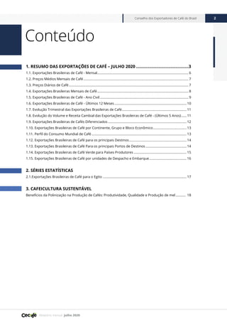 Relatório mensal julho 2020
Conselho dos Exportadores de Café do Brasil 2
1. RESUMO DAS EXPORTAÇÕES DE CAFÉ – JULHO 2020.............................................3
1.1. Exportações Brasileiras de Café - Mensal.................................................................................................... 6
1.2. Preços Médios Mensais de Café.................................................................................................................... 7
1.3. Preços Diários de Café.................................................................................................................................... 7
1.4. Exportações Brasileiras Mensais de Café..................................................................................................... 8
1.5. Exportações Brasileiras de Café - Ano Civil.................................................................................................. 9
1.6. Exportações Brasileiras de Café - Últimos 12 Meses................................................................................10
1.7. Evolução Trimestral das Exportações Brasileiras de Café........................................................................11
1.8. Evolução do Volume e Receita Cambial das Exportações Brasileiras de Café - (Últimos 5 Anos).......11
1.9. Exportações Brasileiras de Cafés Diferenciados.......................................................................................12
1.10. Exportações Brasileiras de Café por Continente, Grupo e Bloco Econômico......................................13
1.11. Perfil do Consumo Mundial de Café.........................................................................................................13
1.12. Exportações Brasileiras de Café para os principais Destinos................................................................14
1.13. Exportações Brasileiras de Café Para os principais Portos de Destinos..............................................14
1.14. Exportações Brasileiras de Café Verde para Países Produtores...........................................................15
1.15. Exportações Brasileiras de Café por unidades de Despacho e Embarque..........................................16
2. SÉRIES ESTATÍSTICAS
2.1.Exportações Brasileiras de Café para o Egito.............................................................................................17
3. CAFEICULTURA SUSTENTÁVEL
Benefícios da Polinização na Produção de Cafés: Produtividade, Qualidade e Produção de mel............ 18
4. RESPONSABILIDADE SOCIAL E SUSTENTABILIDADE................................................................. 21
5. JURÍDICO TRIBUTÁRIO....................................................................................................................................... 24
Conteúdo
 