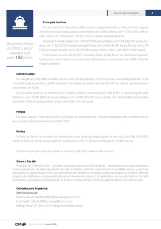 Relatório mensal maio 2018
Resumo das exportações 4
Principais destinos
No ano civil, EUA, Alemanha e Itália ocupam, respectivamente, os três primeiros lugares
no ranking dos principais países consumidores do café brasileiro, com 17,4% (2.081.399 sa-
cas), 16% (1.922.109 sacas) e 10,1% (1.216.216 sacas), respectivamente.
Na sequência estão: Japão, com 7,3% (879.904 sacas); Bélgica, com 5,5% (663.955 sacas); Tur-
quia, com 3,1% (372.509 sacas); Federação Russa, com 2,8% (337.903 sacas); França, com 2,7%
(328.429 sacas); Canadá, com 2,7% (318.683 sacas); e Reino Unido, com 2,6% (316.895 sacas).
Comparado ao ano civil de 2017, Canadá e Reino Unido foram os países que apresen-
taram maior crescimento no consumo de café brasileiro com aumento de 4,28% e 26,24%,
respectivamente.
Diferenciados
Em relação aos cafés diferenciados, no ano civil, o Brasil exportou 2.075.924 sacas, uma participação de 17,3%
no total do café exportado, e 20,9% da receita. Em relação ao mesmo período de 2017, o volume representou um
crescimento de 15,5%.
Os principais destinos no período foram: Estados Unidos, responsável por 23% (478.415 sacas); seguido pela
Alemanha, com 13,7% (283.649 sacas); Bélgica, com 12,8% (265.932 sacas); Japão, com 9% (185.843 sacas); Itália,
com 6,2% (128.646 sacas); e Reino Unido, com 5,5% (114.128 sacas).
Preços
Em maio, o preço médio foi de US$ 152,14/saca, um decréscimo de 11% na comparação com o mesmo mês no
ano passado, quando a média era de US$ 170,92.
Portos
O Porto de Santos se manteve na liderança da maior parte das exportações no ano civil, com 83% (9.953.355
sacas). O Porto do Rio de Janeiro aparece na sequência, com 11,1% dos embarques (1.335.092 sacas).
O relatório completo está disponível no site do Cecafé: http://www.cecafe.com.br/
Sobre o Cecafé
Fundado em 1999, o Cecafé – Conselho dos Exportadores de Café do Brasil – representa e promove ativamente
o desenvolvimento do setor exportador de café no âmbito nacional e internacional. A entidade oferece suporte às
operações do segmento por meio do intercâmbio de inteligência de dados, ações estratégicas e jurídicas, além de
projetos de cidadania e responsabilidade social. Atualmente, possui 139 associados, entre exportadores de café,
produtores, associações e cooperativas no Brasil, correspondendo a 96% dos agentes desse mercado no país.
Contatos para imprensa:
CDN Comunicação
Debora Vieira (11) 4084-4850 debora.vieira@cdn.com.br
Erick Paytl (11) 3643-2919 erick.paytl@cdn.com.br
Rodrigo Ferrari (11) 3643-2734 rodrigo.ferrari@cdn.com.br

De Janeiro a Maio
de 2018, o Brasil
exportou café
para 108 países
 