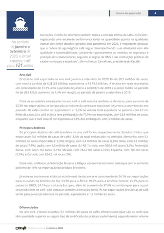 Relatório mensal setembro 2020
Resumo das exportações 4

No período
de Janeiro a
Setembro de
2020, o Brasil
exportou café
para 121 países
barcações. O mês de setembro também marca a entrada efetiva da safra 2020/2021,
registrando uma excelente performance tanto na quantidade quanto na qualidade.
Apesar dos fortes desafios gerados pela pandemia em 2020, é importante destacar
que a cadeia do agronegócio café segue desempenhando suas atividades com alta
qualidade e sustentabilidade, cumprindo rigorosamente as medidas de segurança e
proteção dos colaboradores, segundo as regras da OMS e das instituições públicas de
saúde municipais e estaduais”, afirma Nelson Carvalhaes, presidente do Cecafé.
Ano civil
O total de café exportado no ano civil (janeiro a setembro de 2020) foi de 30,5 milhões de sacas,
com receita cambial de US$ 3,9 bilhões, equivalente a R$ 19,6 bilhões. A receita em reais representa
um crescimento de 31,7% ante o período de janeiro a setembro de 2019 e o preço médio no período
foi de US$ 126,8, aumento de 1,4% em relação ao período de janeiro a setembro e 2019.
Entre as variedades embarcadas no ano civil, o café robusta também se destacou, pelo aumento de
22,3% nas exportações, se comparado ao volume da variedade exportado de janeiro a setembro do ano
passado. Os cafés conilon corresponderam a 12,2% do volume total exportado no período, com 3,7 mi-
lhões de sacas. Já o café arábica teve participação de 77,9% nas exportações, com 23,8 milhões de sacas,
enquanto que o café solúvel correspondeu a 9,8% dos embarques, com 3 milhões de sacas.
Principais destinos
Os principais destinos de café brasileiro no ano civil foram, respectivamente: Estados Unidos, que
importaram 5,6 milhões de sacas de café (18,5% do total embarcado no período); Alemanha, com 5,1
milhões de sacas importadas (16,9%); Bélgica, com 2,4 milhões de sacas (7,8%); Itália, com 2,3 milhões
de sacas (7,4%); Japão, com 1,5 milhão de sacas (5,1%); Turquia, com 960,8 mil sacas (3,2%); Federação
Russa, com 940,5 mil sacas (3,1%); México, com 782,2 mil sacas (2,6%); Espanha, com 700 mil sacas
(2,3%); e Canadá, com 624,2 mil sacas (2%).
Entre eles, o México, a Federação Russa e a Bélgica apresentaram maior destaque com o aumento
próximo de 19% na importação do produto brasileiro.
Já entre os continentes e blocos econômicos destacam-se o crescimento de 24,1% nas exportações
para os países da América do Sul; 53,9% para a África; 90,6% para a América Central; 25,7% para os
países do BRICS; 24,1% para o Leste Europeu, além do aumento de 37,6% nos embarques para os paí-
ses produtores de café. Vale destacar também a elevação de 60,7% nas exportações brasileiras de café
verde para países produtores no período, equivalente a 1,5 milhão de sacas.
Diferenciados
No ano civil, o Brasil exportou 5,1 milhões de sacas de cafés diferenciados (que são os cafés que
têm qualidade superior ou algum tipo de certificado de práticas sustentáveis), segundo maior volume
 