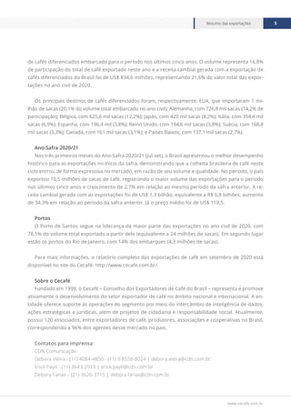 www.cecafe.com.br
Resumo das exportações 5
de cafés diferenciados embarcado para o período nos últimos cinco anos. O volume representa 16,8%
de participação do total de café exportado neste ano e a receita cambial gerada com a exportação de
cafés diferenciados do Brasil foi de US$ 834,6 milhões, representando 21,6% do valor total das expor-
tações no ano civil de 2020.
Os principais destinos de cafés diferenciados foram, respectivamente: EUA, que importaram 1 mi-
lhão de sacas (20,1% do volume total embarcado no ano civil); Alemanha, com 726,8 mil sacas (14,2% de
participação); Bélgica, com 625,6 mil sacas (12,2%); Japão, com 420 mil sacas (8,2%); Itália, com 354,4 mil
sacas (6,9%); Espanha, com 196,4 mil (3,8%); Reino Unido, com 194,6 mil sacas (3,8%); Suécia, com 168,8
mil sacas (3,3%); Canadá, com 161 mil sacas (3,1%); e Países Baixos, com 137,1 mil sacas (2,7%).
Ano-Safra 2020/21
Nos três primeiros meses do Ano-Safra 2020/21 (jul-set), o Brasil apresentou o melhor desempenho
histórico para as exportações no início da safra, demonstrando que a colheita brasileira de café neste
ciclo entrou de forma expressiva no mercado, em razão de seu volume e qualidade. No período, o país
exportou 10,5 milhões de sacas de café, registrando o maior volume das exportações para o período
nos últimos cinco anos e crescimento de 2,7% em relação ao mesmo período da safra anterior. A re-
ceita cambial gerada com as exportações foi de US$ 1,3 bilhão, equivalente a R$ 6,8 bilhões, aumento
de 34,3% em relação ao período da safra anterior. Já o preço médio foi de US$ 119,5.
Portos
O Porto de Santos segue na liderança da maior parte das exportações no ano civil de 2020, com
78,5% do volume total exportado a partir dele (equivalente a 24 milhões de sacas). Em segundo lugar
estão os portos do Rio de Janeiro, com 14% dos embarques (4,3 milhões de sacas).
Para mais informações, o relatório completo das exportações de café em setembro de 2020 está
disponível no site do Cecafé: http://www.cecafe.com.br/.
Sobre o Cecafé
Fundado em 1999, o Cecafé – Conselho dos Exportadores de Café do Brasil – representa e promove
ativamente o desenvolvimento do setor exportador de café no âmbito nacional e internacional. A en-
tidade oferece suporte às operações do segmento por meio do intercâmbio de inteligência de dados,
ações estratégicas e jurídicas, além de projetos de cidadania e responsabilidade social. Atualmente,
possui 120 associados, entre exportadores de café, produtores, associações e cooperativas no Brasil,
correspondendo a 96% dos agentes desse mercado no país.
Contatos para imprensa:
CDN Comunicação
Debora Vieira - (11) 4084-4850 - (11) 9.8558-8024 | debora.vieira@cdn.com.br
Erick Paytl - (11) 3643-2919 | erick.paytl@cdn.com.br
Debora Farias – (21) 3626-3715 | debora.farias@cdn.com.br
 