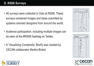 •	46 surveys were collected in Oslo at RSD6. These
surveys contained images and ideas submitted by
systems oriented design...