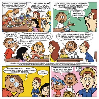 Pensei que tinha errado
o caminho, primo! Como
está tudo mudado!
É... As coisas andam
difíceis... Temos
enfrentado muitos
problemas com a
seca.
Olha, Chico, nós também passamos
por isso até que começamos a fazer
a adequação ambiental da
propriedade.
adequação
ambiental?
O que é isso?
Para ter uma propriedade
ambientalmente adequada, temos
que respeitar as leis ambientais e
usar boas práticas agrícolas.
Deixa que eu
explico, pai!
Pela lei, devemos manter as Áreas
de Preservação Permanente (APPs*)
protegidas e a Reserva Legal
averbada em cartório.
Mas não basta só cumprir a
legislação. Tem que usar a terra
de maneira correta! Não
entendi!
é pra
já!
vamos dar uma volta
na propriedade para
entender melhor?
esse é o meu
filho nota dez!
* as áreas de preservação permanente (apps) estão localizadas, principalmente, nos topos de morro, nas encostas
com declividade acima de 45 graus, nas margens dos rios e no entorno das nascentes.
 